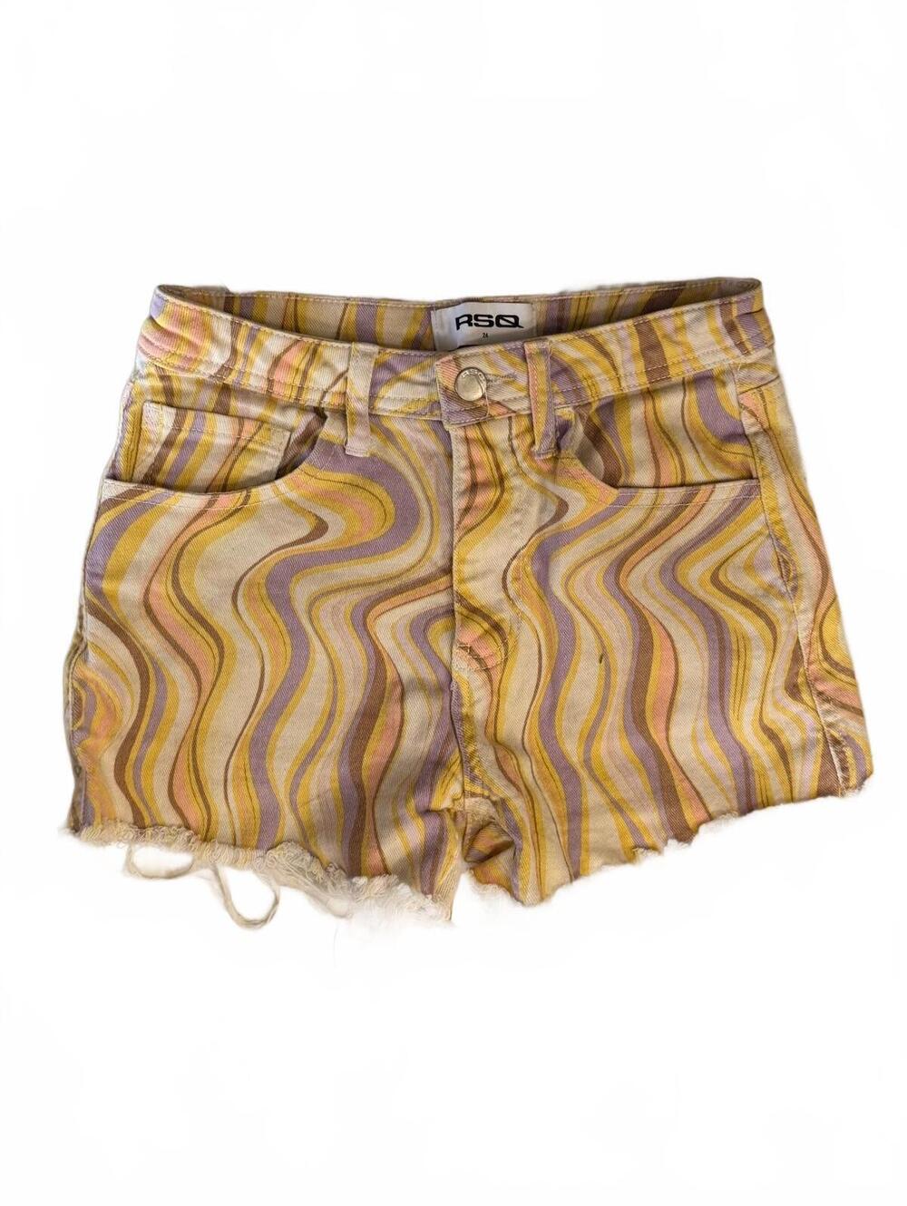 RSQ Wave Print Denim Shorts in Yellow and Purple
